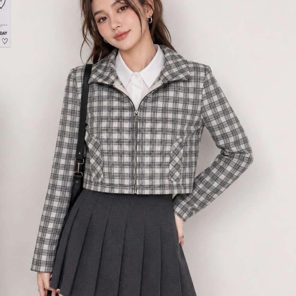 Vintage Y2K Cropped Plaid‎ Jacket Black White Zip USA School Girl Bratz Academia